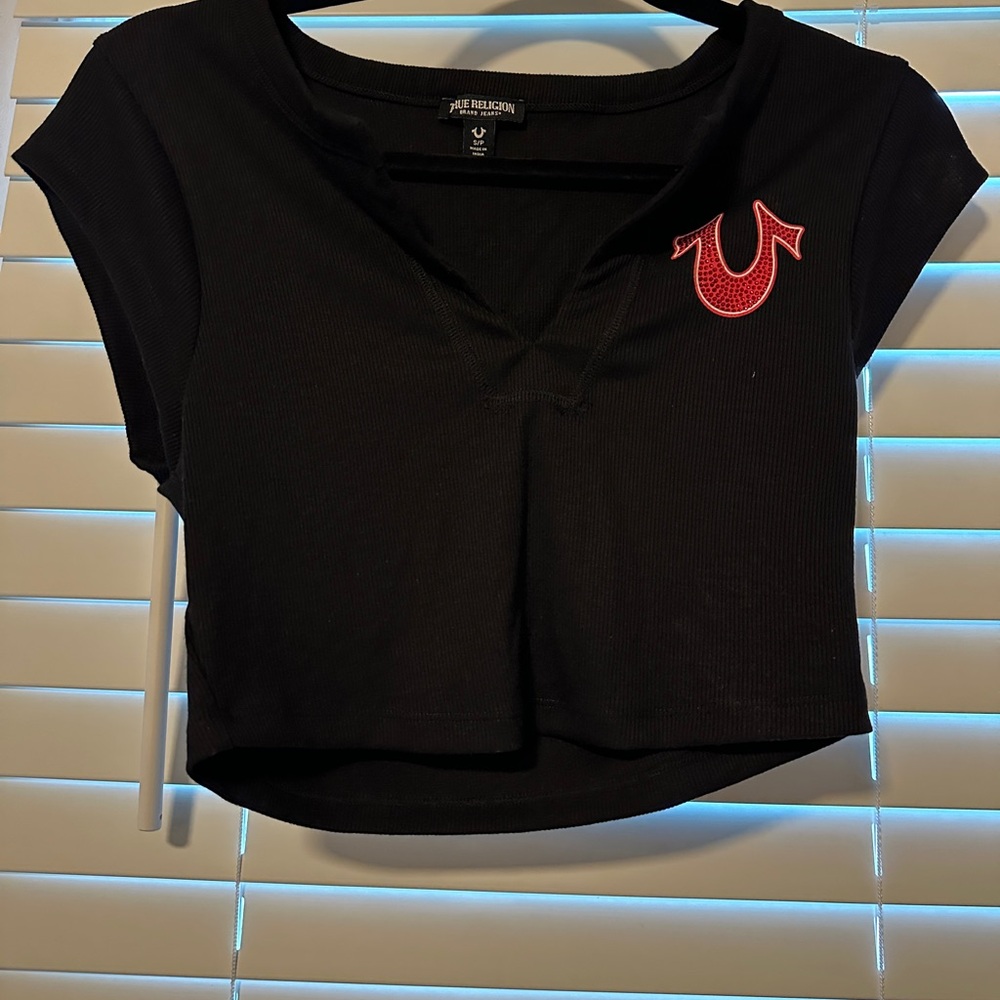 True Religion Black Crop Top with Red Logo